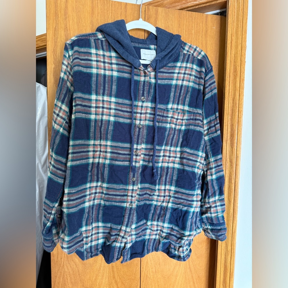 LIGHTLY USED: American Eagle Plaid Flannel Shirt Jacket - Navy & Teal